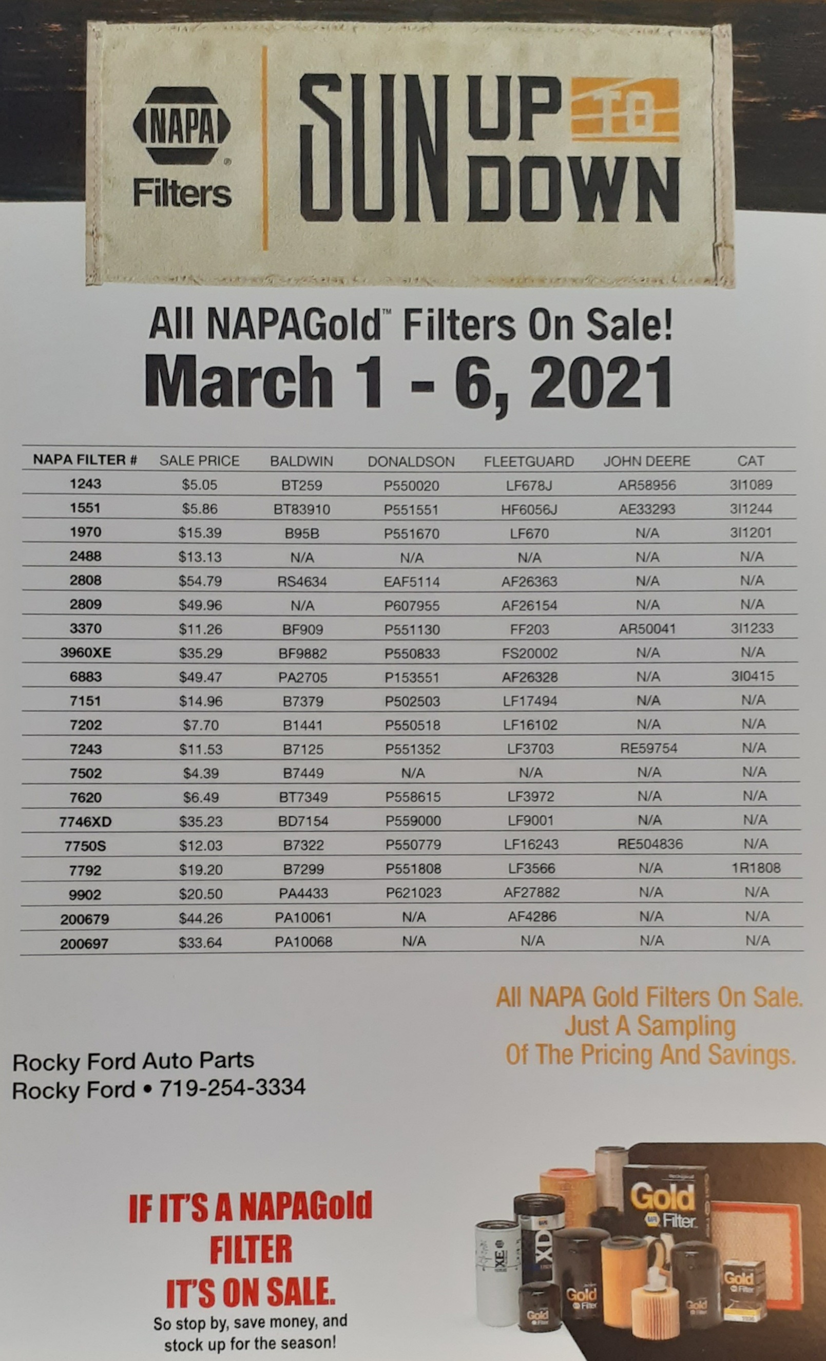 Rocky Ford Auto Parts NAPAGold Filter Sale