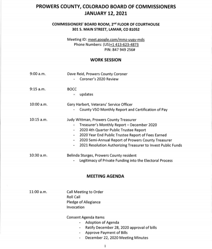 Prowers County Commissioners Meeting Agenda Jan 12 seconews.org 