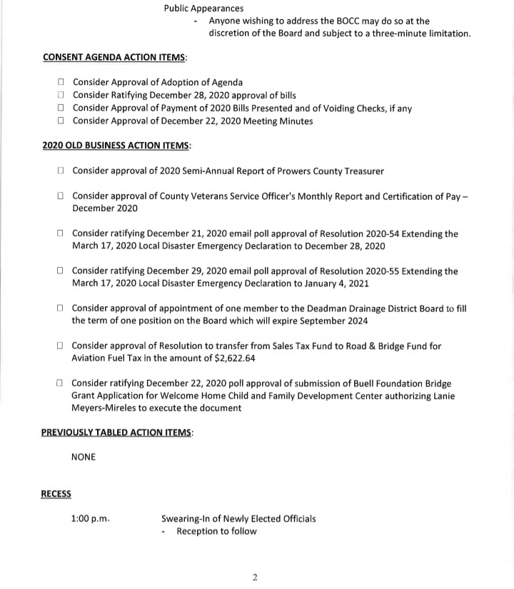 Prowers County Commissioners Meeting Agenda Jan 12th seconews.org 