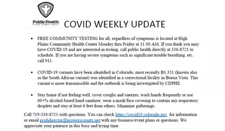 Prowers County Public Health Covid Update March 10 2021 SECO News seconews.org 