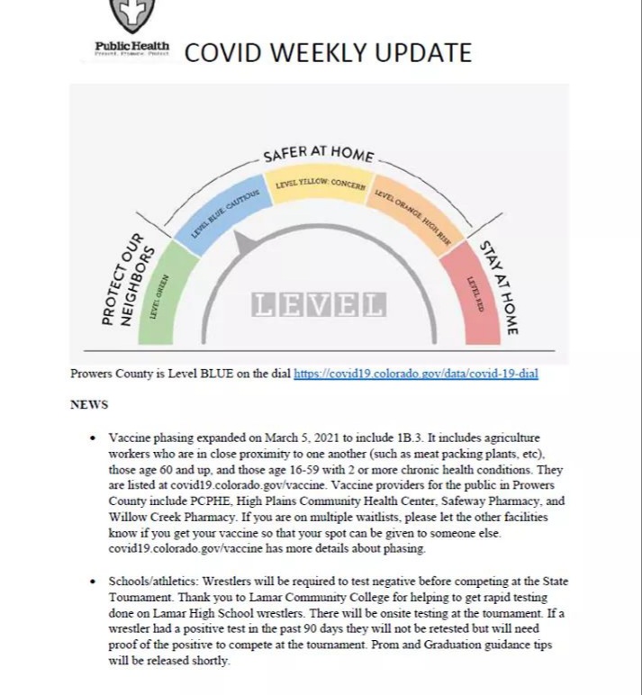 Prowers County Public Health Covid Update March 10 2022
