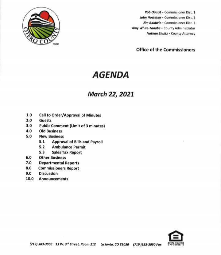 Otero County Commissioners Agenda March 22 2021 SECO News seconews.org 