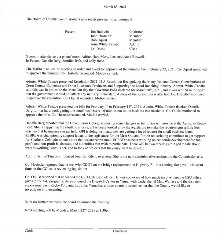Otero County Commissioners Meeting Minutes March 8 SECO News seconews.org 