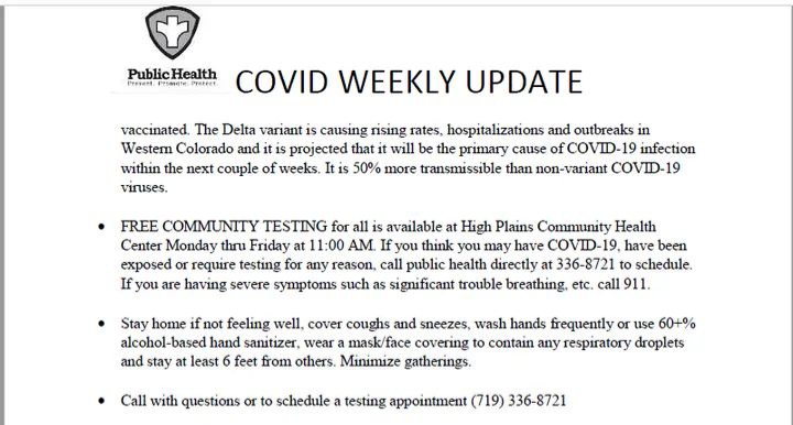 Prowers County Public Health COVID-19 Update June 24 2021